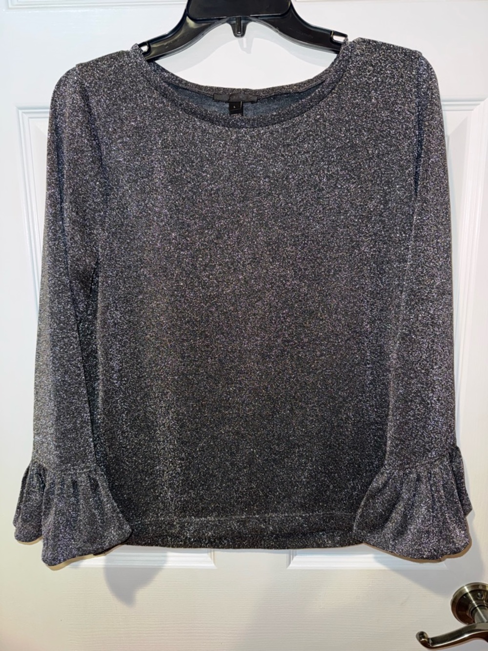 J. Crew Sparkle Long-Sleeve Top with Ruffle Cuffs in Charcoal Black and Silver